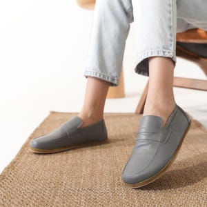 Grey Leather Barefoot Loafers – Women&#39;s Wide Toe Minimal Shoes | Zero Drop Comfort | Handmade Casual Slip-On Penny Flats