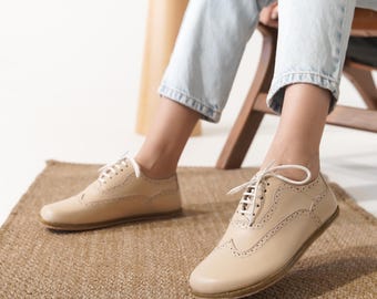 Handmade Beige Leather Oxford Barefoot Shoes – Wide Toe Box Flats