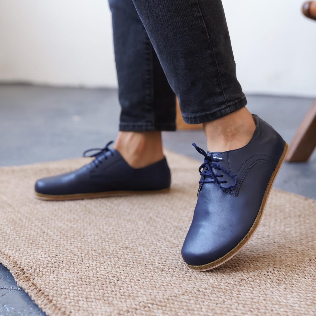 For Men Liberty Ladies Formal Shoes Navy Leather Oxford Barefoot Shoes   Wide Toe, Zero-drop