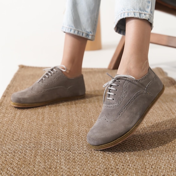 Grey Suede Oxford Shoes Women – Barefoot Zero-drop Lace-up Flats
