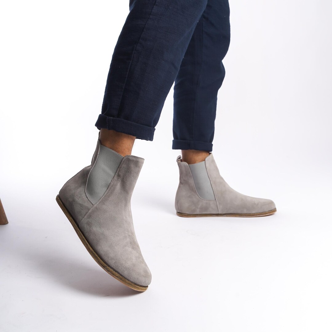 Men's Grey Suede Barefoot Chelsea Boots | Wide Toe, Flexible - Etsy