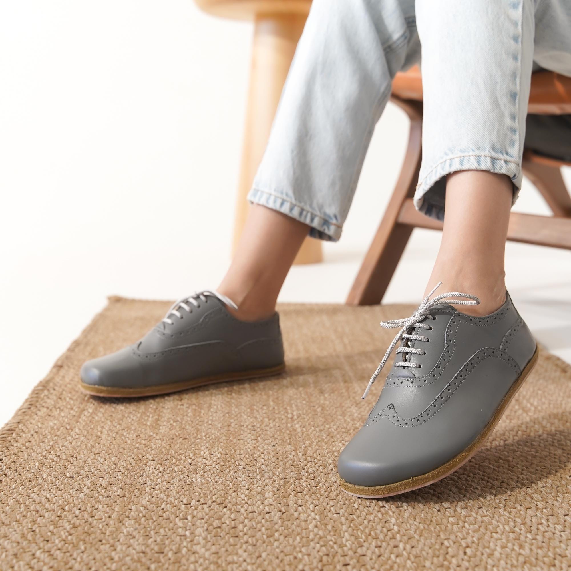 Gray Leather Oxford Barefoot Shoes - Handmade Wingtip Flats, image size:2000x2000
