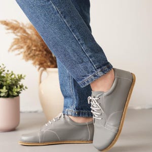 Gray Women’s Leather Barefoot Sneakers – Minimalist Zero Drop Shoes, Wide Toe Box, Flexible Healthy Walking Footwear