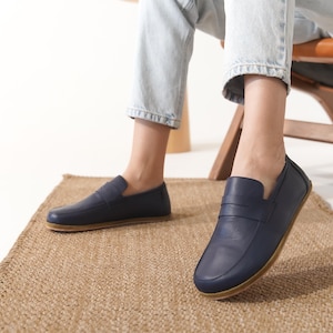 Women&#39;s Navy Penny Loafers - Leather Barefoot Shoes - Handmade Zero Drop Flats - Wide Toe Box Slip Ons