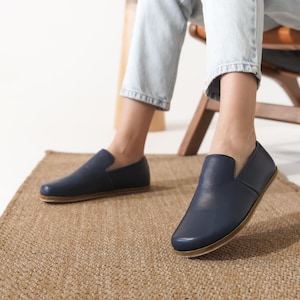 Navy Blue Barefoot Loafers Women | Wide Toe Leather Flats | Zero Drop | Flexible Sole | Stylish Comfy Office & Everyday Shoes