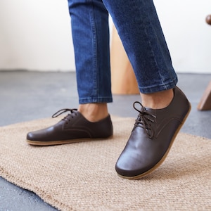 Brown Leather Barefoot Oxford Shoes for Men – Wide Toe Box, Zero Drop, Comfortable Dress Shoes, Handmade Minimalist Footwear