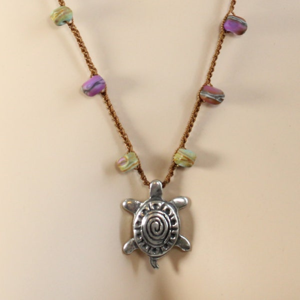 Crocheted Boho Turtle Artisan Lampwork Necklace