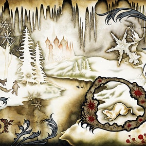 May include: A whimsical winter scene with a white ferret running through a snowy cave. The cave is surrounded by red flowers and a white snowflake. The background features a snowy forest with a distant village.