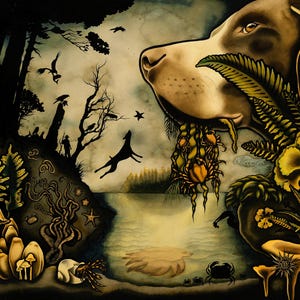 May include: A watercolor painting of a dog's head with a forest scene in the background. The dog is brown and white and has its mouth open, revealing a cluster of yellow and orange crabs. The forest scene is dark and shadowy, with a few trees and birds visible. The painting is done in a realistic style, with a focus on detail.