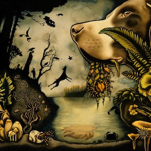 May include: A watercolor painting of a dog's head with a forest scene in the background. The dog is brown and white and has its mouth open, revealing a cluster of yellow and orange crabs. The forest scene is dark and shadowy, with a few trees and birds visible. The painting is done in a realistic style, with a focus on detail.