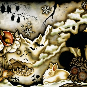 May include: A watercolor painting of a whimsical winter scene with a white rabbit, bats, a mushroom, and a poppy flower. The background is a dark brown with white clouds and snowflakes.