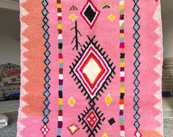 Pink Moroccan Berber Rug, Handmade Wool Carpet, Boho Chic Decor