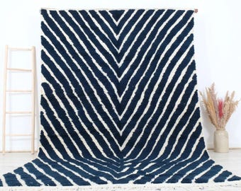 Handmade Berber Wool Rug, Black and White Line Design, Custom Boho Decor