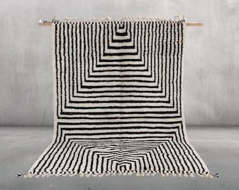 Handmade Black and White Striped Berber Rug, Moroccan Wool Carpet