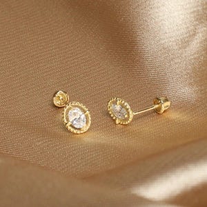 14k Gold Oval Earrings, Beaded Decor Oval Center Solid Gold Screw Back Earrings