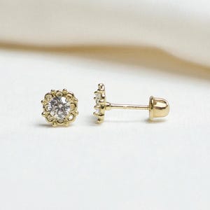 14K Gold Flower Earrings, Dainty Floral Decor Solid Gold Screw Back Stud Earrings, Everyday Wear Earrings for Women