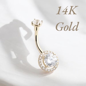 14K Gold Belly Ring, Round Gem Center Halo Belly Button Ring Navel Ring, 14g Solid Gold Belly Ring, Navel Ring, Gift for Her