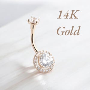 14K Gold Belly Ring, Solid Rose Gold Round Cz Gem Center Belly Button Ring Piericng Jewelry, Navel Ring, Gift for Friend Wife