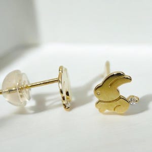 14K Gold Bunny Earrings, Cute Little Cz Bunny Stud Earring, Kids Friendly Push Back Solid 14K Gold Earrings