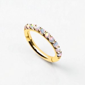 14K Gold Clicker Hoop, White Opal Decor Hinged Seamless Clicker Hoop Ring, Septum Cartilage Nose Piercing Hoop Ring - 16g