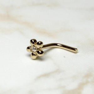 14K Gold Flower Nose Stud, 20g L-Shape Dainty Flower Top Solid Gold Nose Piercing Stud