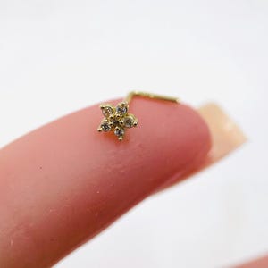14K Gold Flower Nose Stud, Solid Gold L Shape Flower Top Cz 20g Nose Stud Ring, Nose Piercing Jewelry, Dainty Minimal Nose Stud