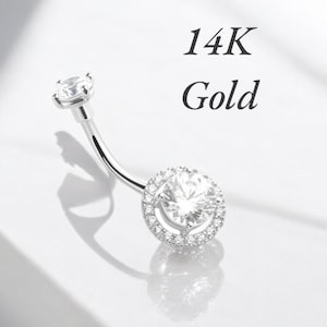 14K White Gold Belly Ring, Round Cz Center Halo Belly Button Ring Navel Ring, Solid Gold Belly Ring Body Piercing Jewelry