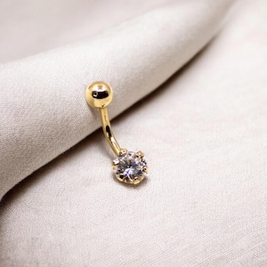 14K Gold Solitaire Belly Ring, Classic Round Solitaire CZ Belly Button Ring, Solid Gold Navel Ring Piercing Body Jewelry Gold Gift for Her