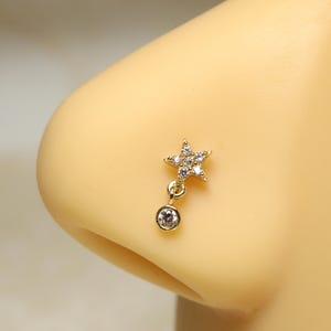 Star Nose Stud, Dangle Gem Star L Shape, Corkscrew Nose Piercing Ring, 14K Gold Nose Stud