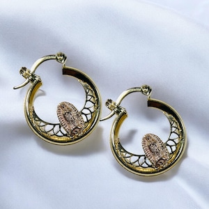 Virgin Mary Hoop Earring, Our Lady of Guadalupe Earrings, 14K Solid Gold Two Tone Hoop Earrings, Gift for Mom, Wife, Sister, Birthday Gift