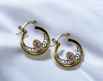 Virgin Mary Hoop Earring, Our Lady of Guadalupe Earrings, 14K Solid Gold Two Tone Hoop Earrings, Gift for Mom, Wife, Sister, Birthday Gift
