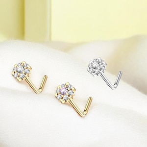14K Gold Flower Nose Stud, L Shape Solid Gold 20g Nose Piercing Jewelry, Flower Decor Top Nose Stud Ring, Cute Daily Wear Nose Piercing