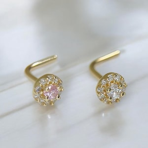 14K Gold Nose Stud, Solitaire Diamond Center Stud L Shape Nose Piercing Stud, Solid Gold Minimalist Look Nose Ring Stud, 20g Nose Ring Stud