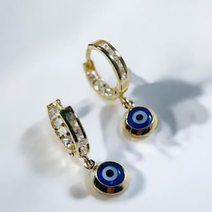 14K Evil Eye Hoop Earring, Solid Gold Dangle Evil Eye Hinged Hoop Earrings, 14K Gold Hoop Earrings, Evil Eye Theme Earring, Gift for Her