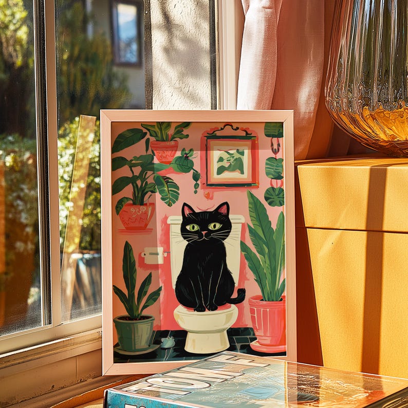 Bathroom Cat Wall Art, Black Cat Print, Maximalist Home Decor, Cat on ...