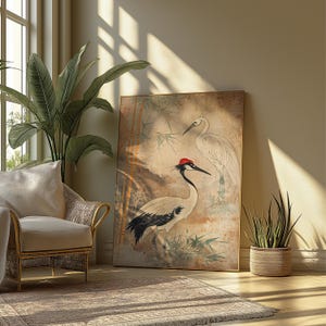 Impresión de pájaro grulla chinoiserie, impresión de pájaro grulla, arte de pared digital, arte de pared de bambú, decoración asiática, arte chinoiserie, arte japonés,