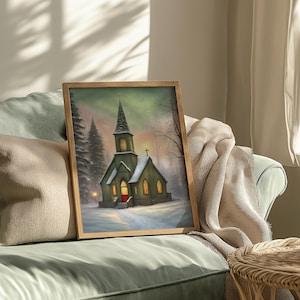 Country Winter Church Print, Digital Download, Snowy Chapel Print, Rustic Holiday Scene, Seasonal Home Decor, Religious Christmas Decor