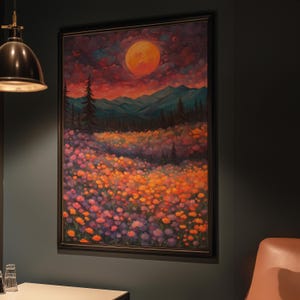 Full Moon Above Wildflower Meadow Print,Woodland Art Print, Midnight Sky Wall Art, Enchanted Wall Art, Enchanted Art, Abstract Art
