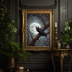 Bat in Tree Print, Digital Download, Gothic Wall Decor, Halloween Poster, Full Moon Wall Art, Dark Academia Art, Fall Print, Forestcore Art