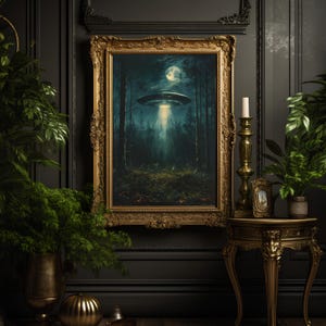 UFO Print, Alien Entführung Wandkunst, Sci Fi Art, UAP Raumschiff Poster, Gruseliger Wald Print, Dark Academia Cottagecore Decor