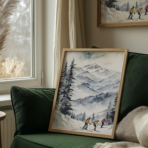 Mountain Ski Print, Digital Download, Alpine Skiing Art, Cozy Ski Cabin Decor, Winter Landscape Wall Art, Apre Ski Wall Art, Christmas Decor
