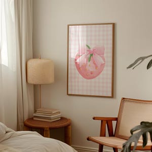 Cute Strawberry Art, Digital Download, Coquette Room Decor, Fruit Home Decor, Nursery Wall Art, Girly Wall Art, Preppy Print, Pink Decor