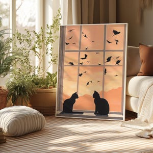 Cats in Window Looking At Birds Print, Minimalist Sunset Art, Cat Wall art, Cat Portrait, Black Cat Wall Decor, Cat Lover Gift