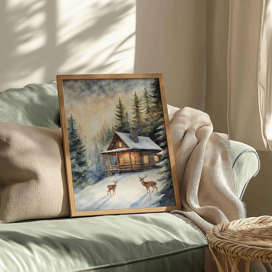 Printable Winter Wall Art, Deer in Forest Rustic Cabin Wall Art ...