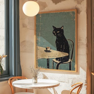 黒猫デジタルプリント、ヴィンテージ黒猫コーヒープリント、レトロなミニマリストウォールアート、キッチンウォールアート、黒猫プリント、コーヒーアートプリント