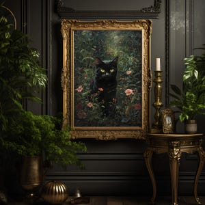 花柄の黒猫プリント、デジタルダウンロード、ヴィンテージの黒猫の装飾、ダークアカデミアの壁アート、農家のプリント、居心地の良いコテージの装飾