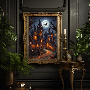 Halloween Town Print, Haunted House Wall Art, Spooky House Printable, Digital Download, Halloween Poster, Bat Wall Art, Full Moon Print