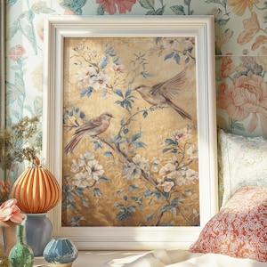 Chinoiserie Digital Print, Birds and Flowers Poster, Floral Wall Art, Botanical Print, Bedroom Wall Art, Vintage Print