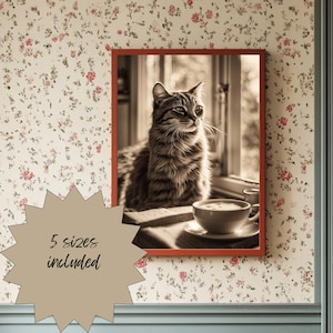 Cozy Coffee Cat Print, Digital Download, Trendy Kitchen Wall Decor, Cafe Cat Poster, Coffee Prints, Quirky Wall Art, Dopamine Dining Room