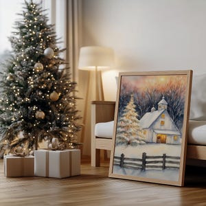 Rustic Barn Christmas Tree Wall Art, Christmas Printable Decor, Watercolor Xmas Painting, Holiday Themed Art, Winter Printable